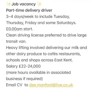 ✨Work with us delivering our dairy produce across Kent ✨